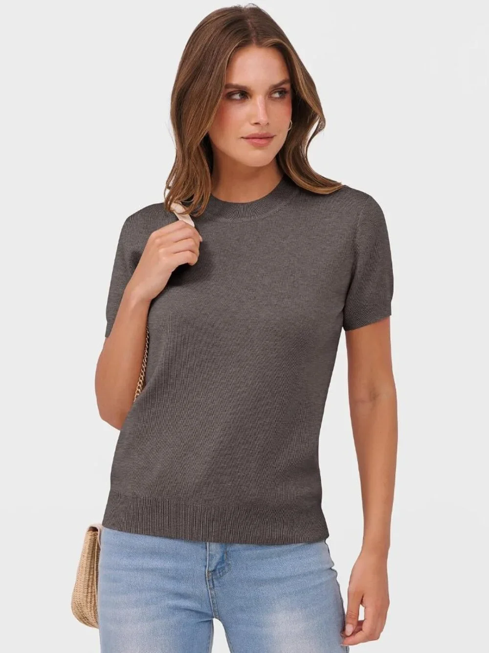 Women's Coffee Wool Blend Crew Neck Short Sleeve Casual Pull On Sweater